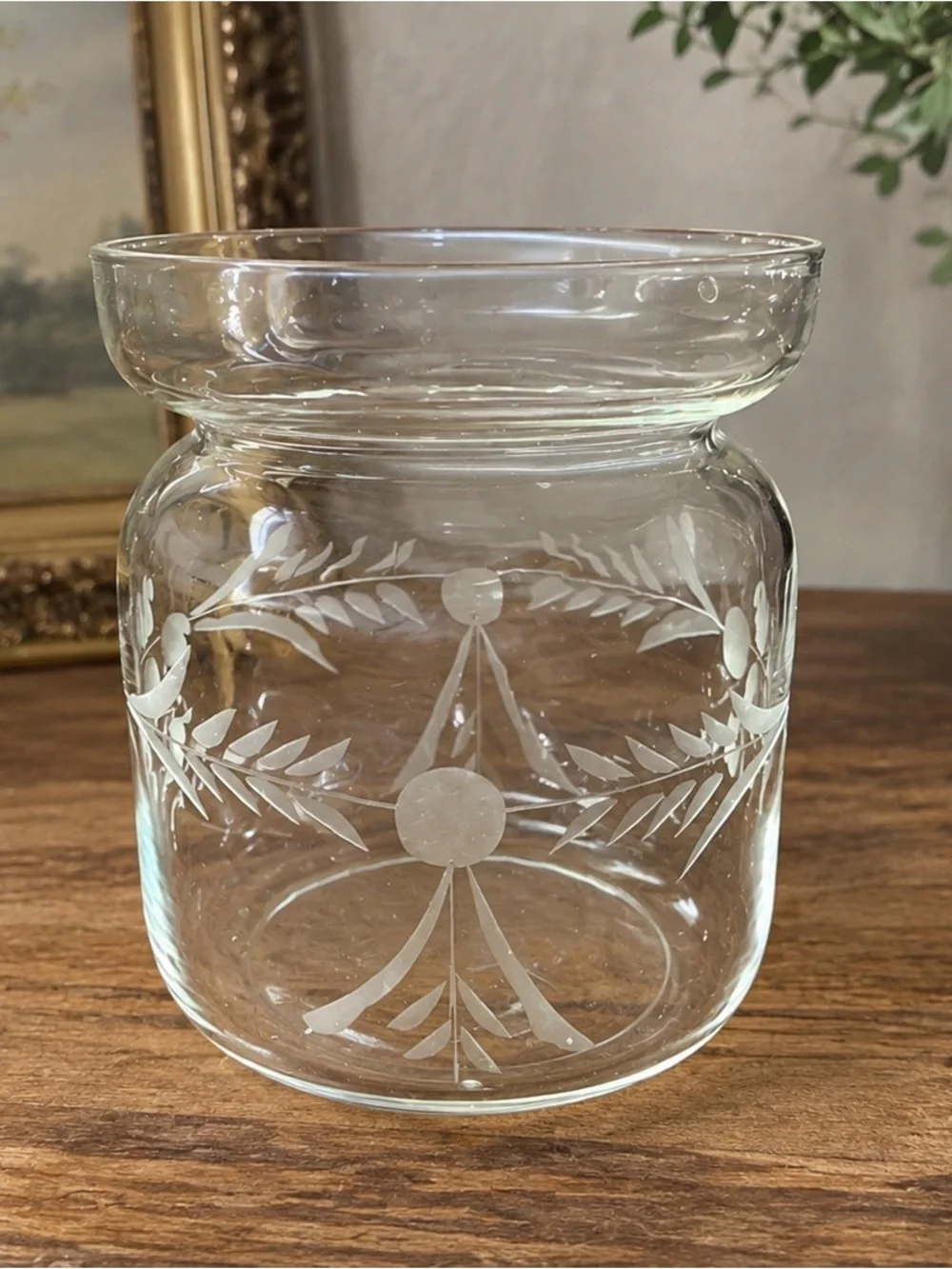 Vintage Etched Glass Jam Jelly Preserve Jar Spoon Rest Lid Floral No Spoon